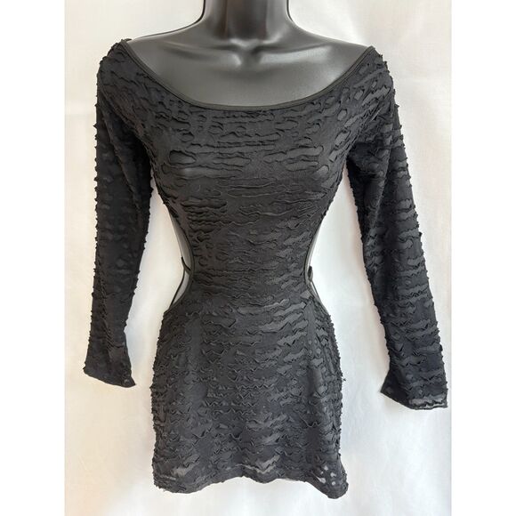 Black Mini Mesh Swim Cover Dress Size S Open Back Sexy Festival Club Minimalist - Picture 1 of 8